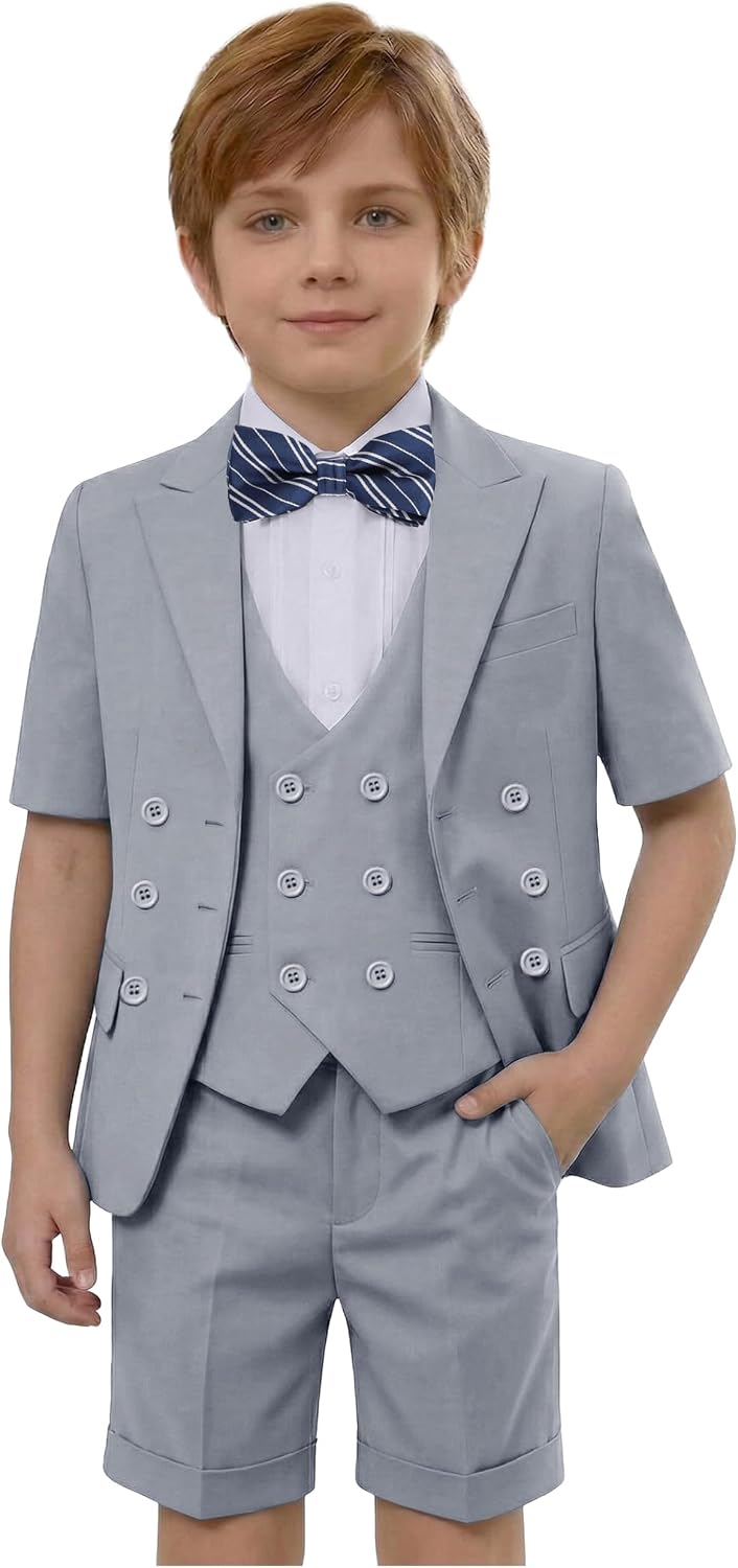 Boys Suit Kids Short Suit Tuxedo 6 Pcs Dress Clothes Short Sleeve Wedding Ring Bear Outfits Jacket Vest Shirt with Bow Tie