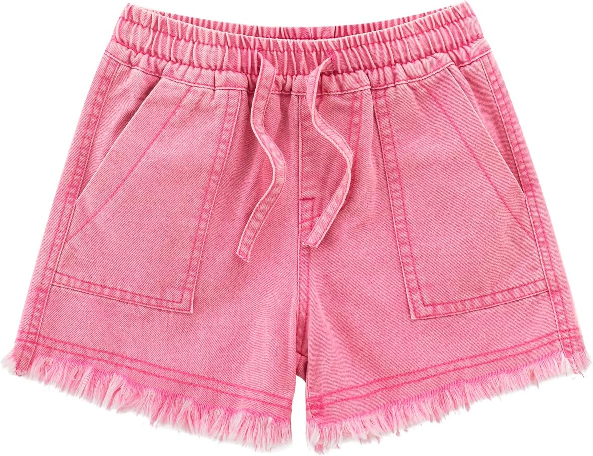 Spring&Gege Girls Jean Shorts Denim Elastic Waist Drawstring Raw Hem Summer Casual Shorts for Little Teen Girls 5-14 Years