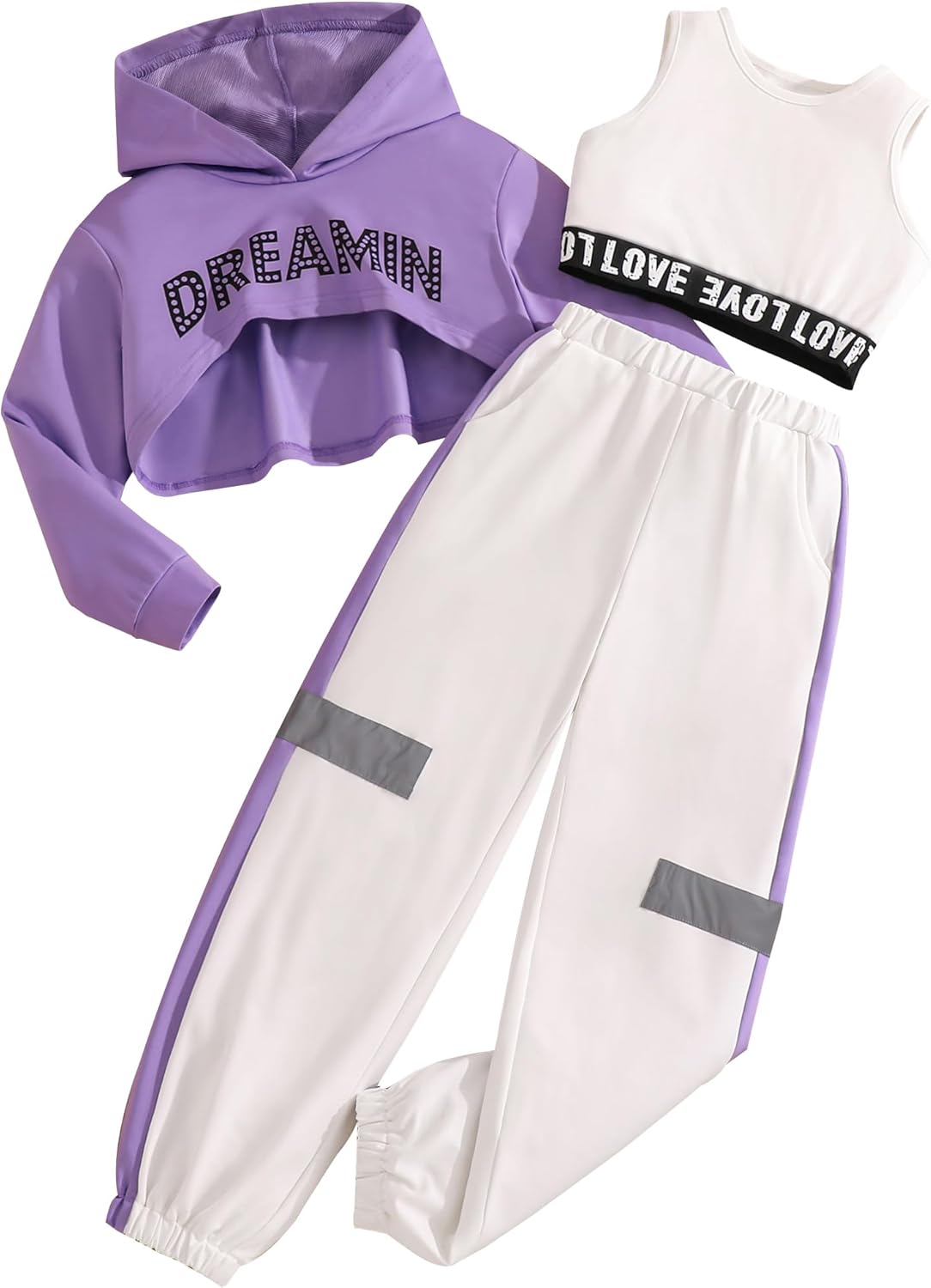 Girls Graphic 3 Piece Outfits Workout Hoodie Crop Tank and Sweatpants Hip Hop Dance Set