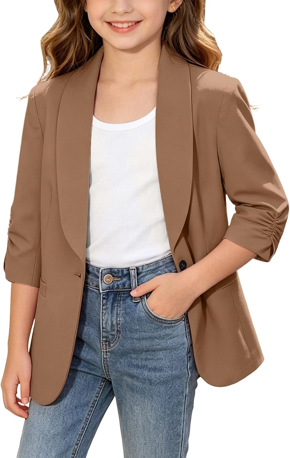 Blazer Jacket for Teen Girls Suit Ruched 3/4 Sleeve Shawl Collar Blazers Back to School Graduation Open Front Coat