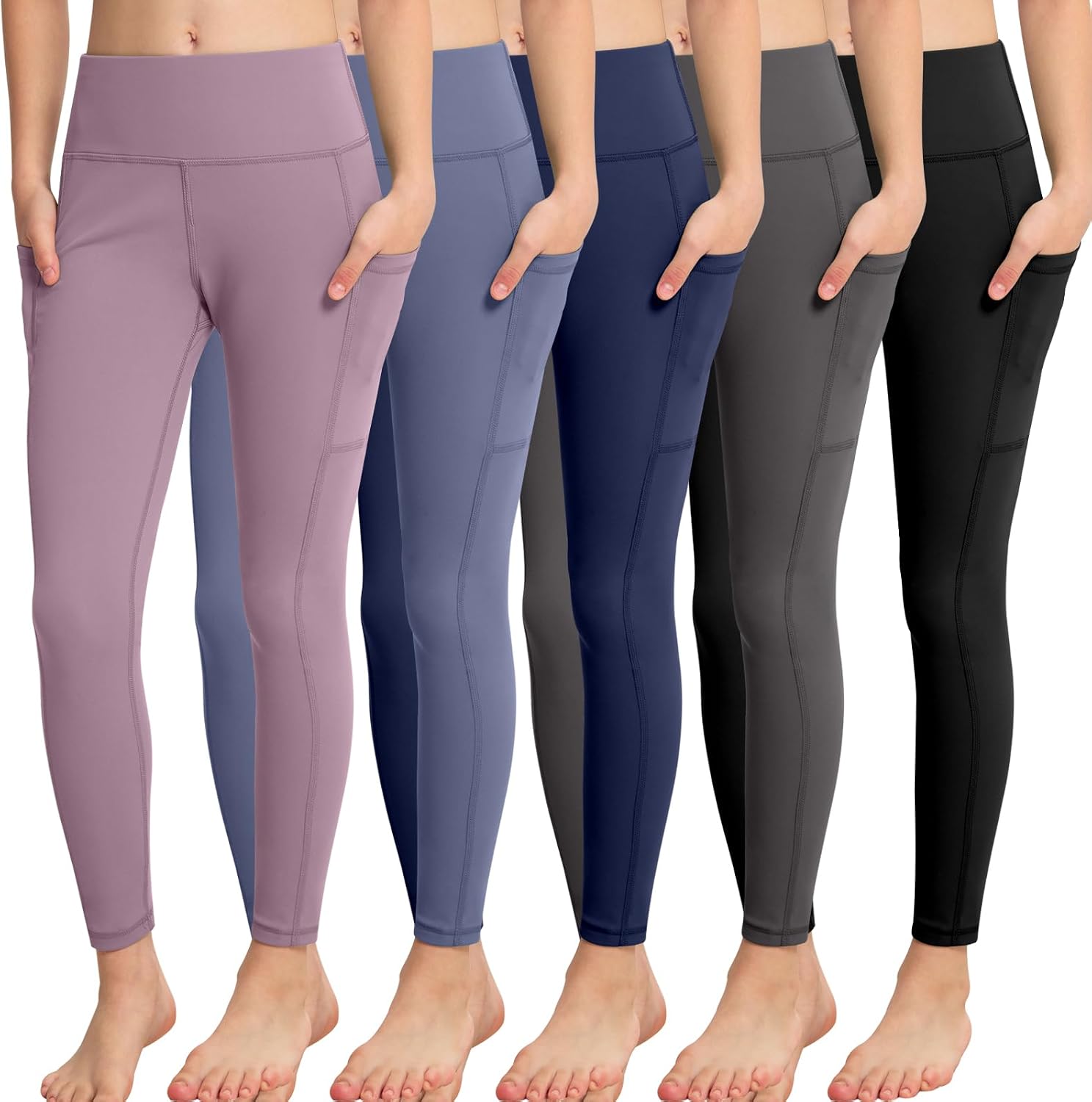 CHRLEISURE Girls’ Athletic Leggings with Pockets, 5 Packs Kids Teen Dance Yoga Workout Running Pants for 5-15 Years