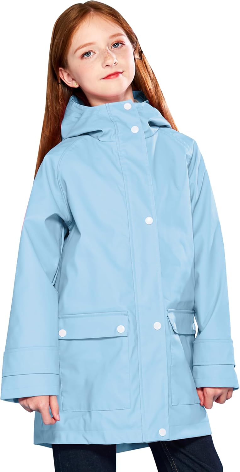 SOLOCOTE Kids Rain Jacket Hooded Lined Rubber RainCoats for Girls Boys Waterproof Windproof Size 5-14Y
