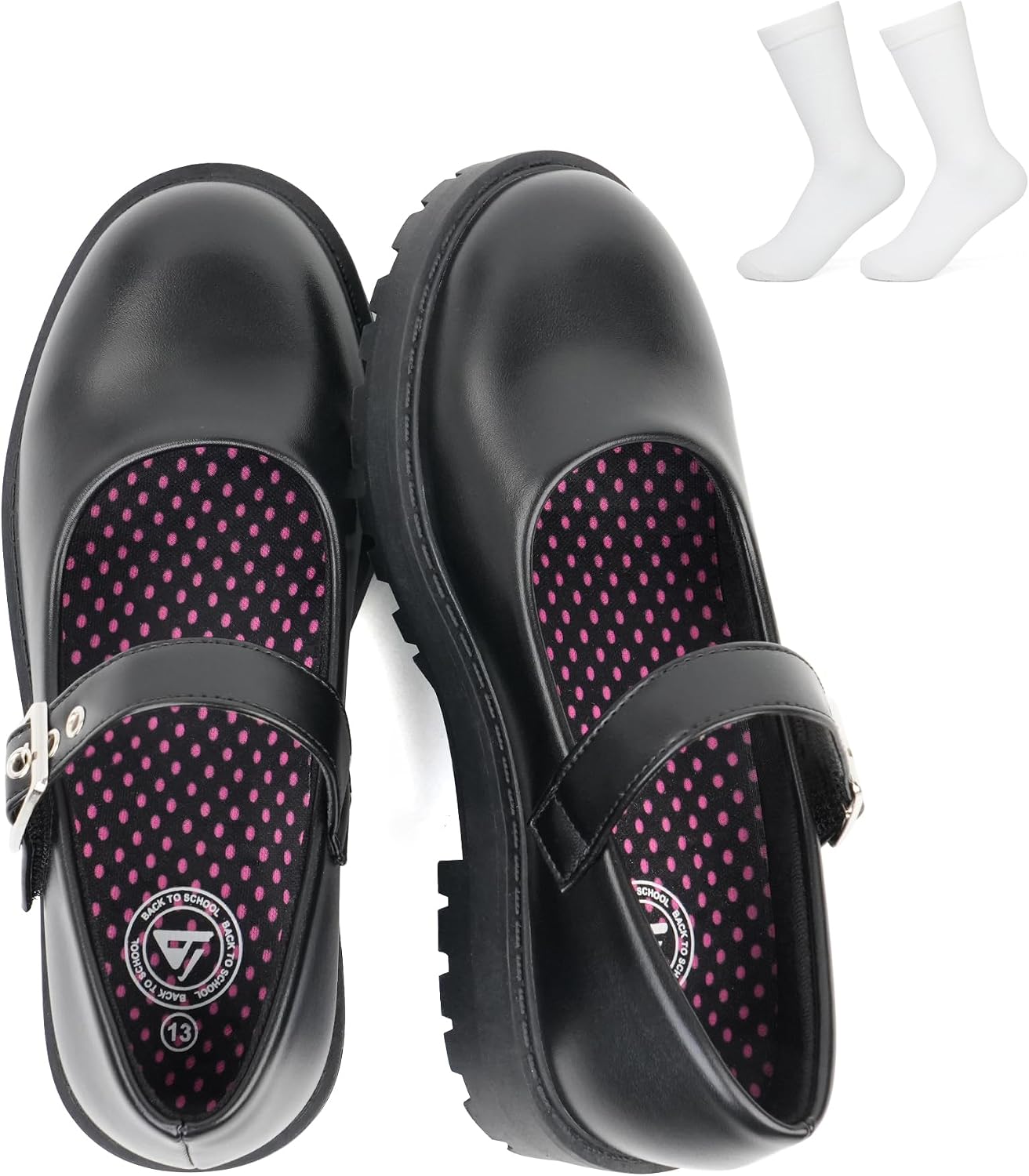 JABASIC Girls Mary Jane School Shoes with Socks Set Black Uniform Shoes Hook Loop Shoes for Kids