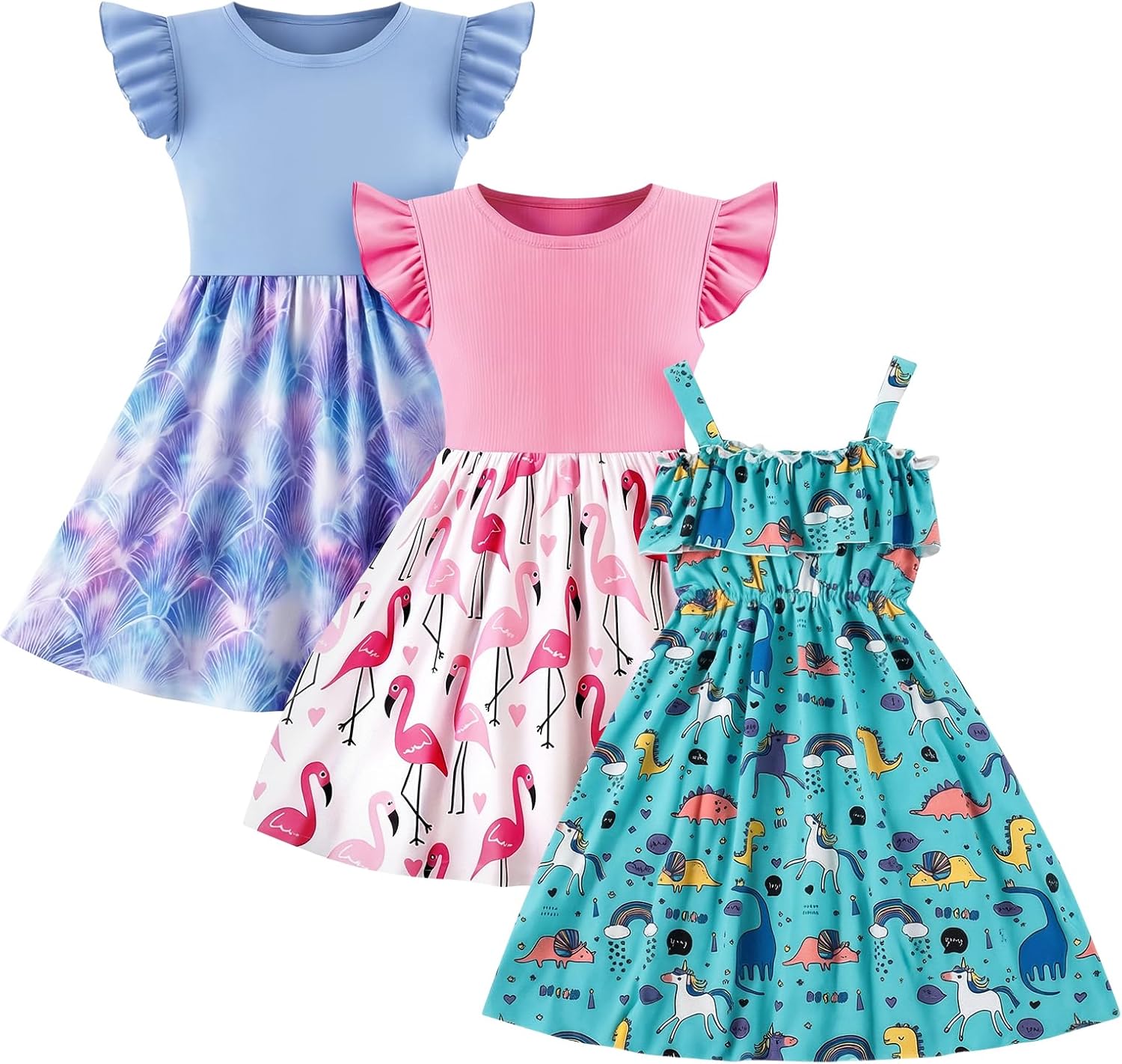 Toddler Little Girls Casual Dresses Short Sleeve Crew Neck Graphic Cartoon Dress for 2-8 Years