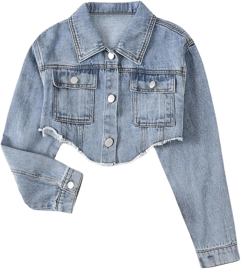 BEAUDRM Girl’s Jean Jacket Asymmetrical Raw Hem Button Down Collared Long Sleeve Denim Streetwear