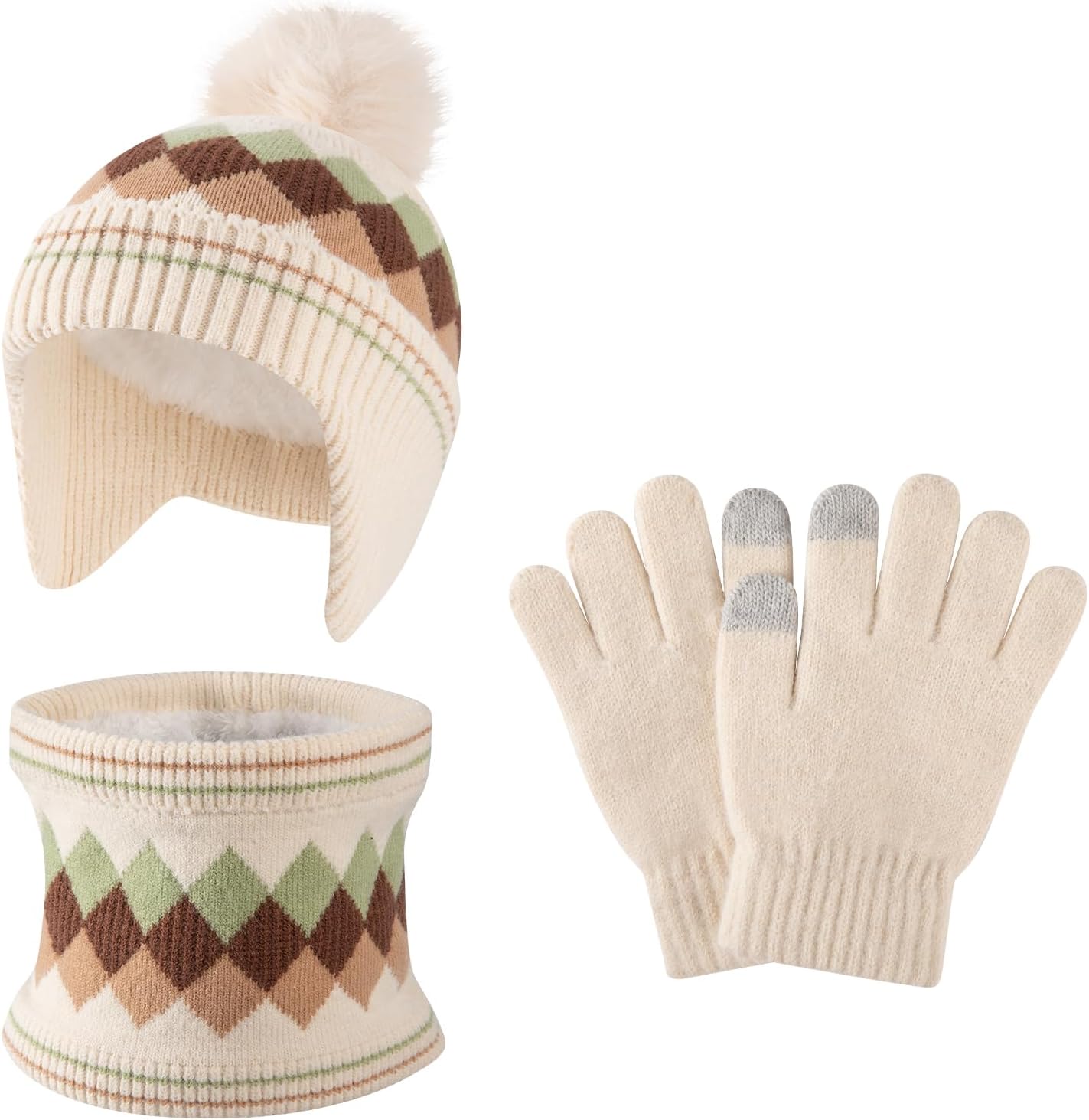 Comfoex 3 Pcs Kids Winter Hat Scarf Gloves Set Boys Girls Knit Neck Warmer Fleece Lined Children Beanie Hat Set for Ages 4-8