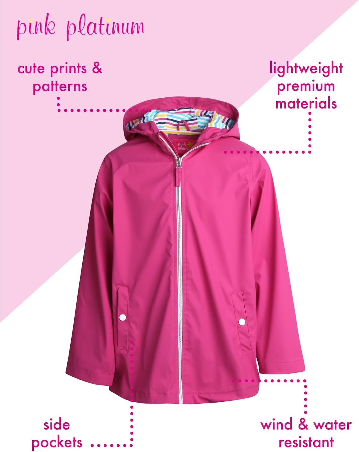 Pink Platinum Girls Rain Jacket – Wind and Waterproof Rain Jacket Lightweight Full Zip Up Hooded Raincoat for Girls