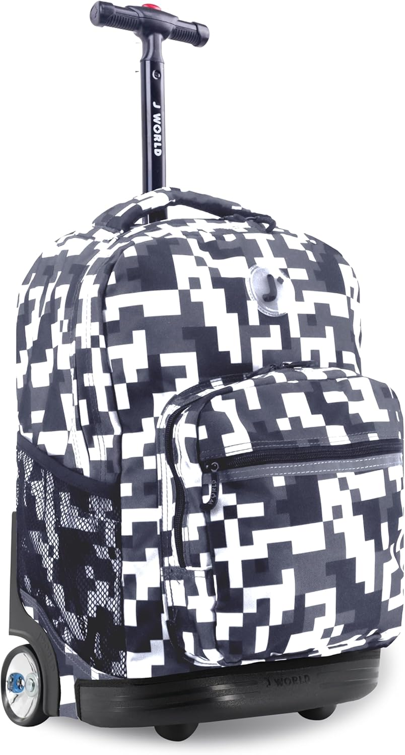 J World Sunrise Kids Rolling Backpack with Wheels for Girls Boys, Roller Bookbag for School, 18 x 13 x 9 Inches, Camo