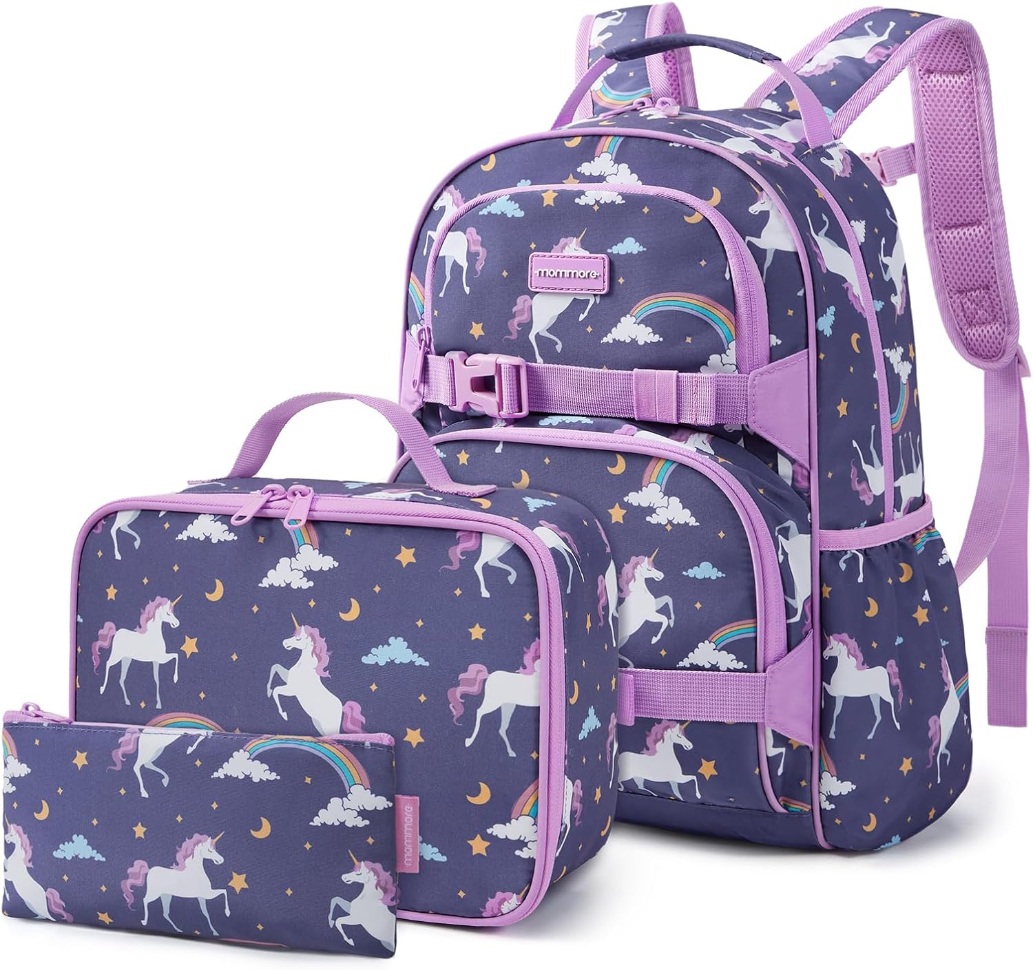 mommore Kids Backpack for Girls 4-8 with Lunch Box Elementary Kindergarten Preschool School Backpack 15” Fit Folders Bottles, Purple Unicron