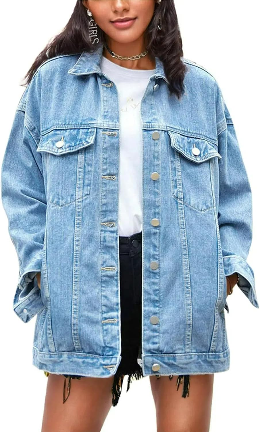 Omoone Women’s Oversized Mid Long Denim Jacket Jean Biker Coat