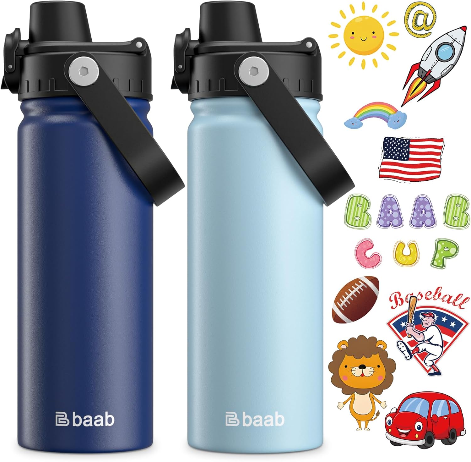 baab 18oz Kids Water Bottle, Insulated Kids Water Bottle with Lockable Spout Lid & Stickers, 18/8 Stainless Steel Vacuum Leakproof Kid Water Cup for Boy Girl School (Navy Blue+Light Blue, 2 Pack)