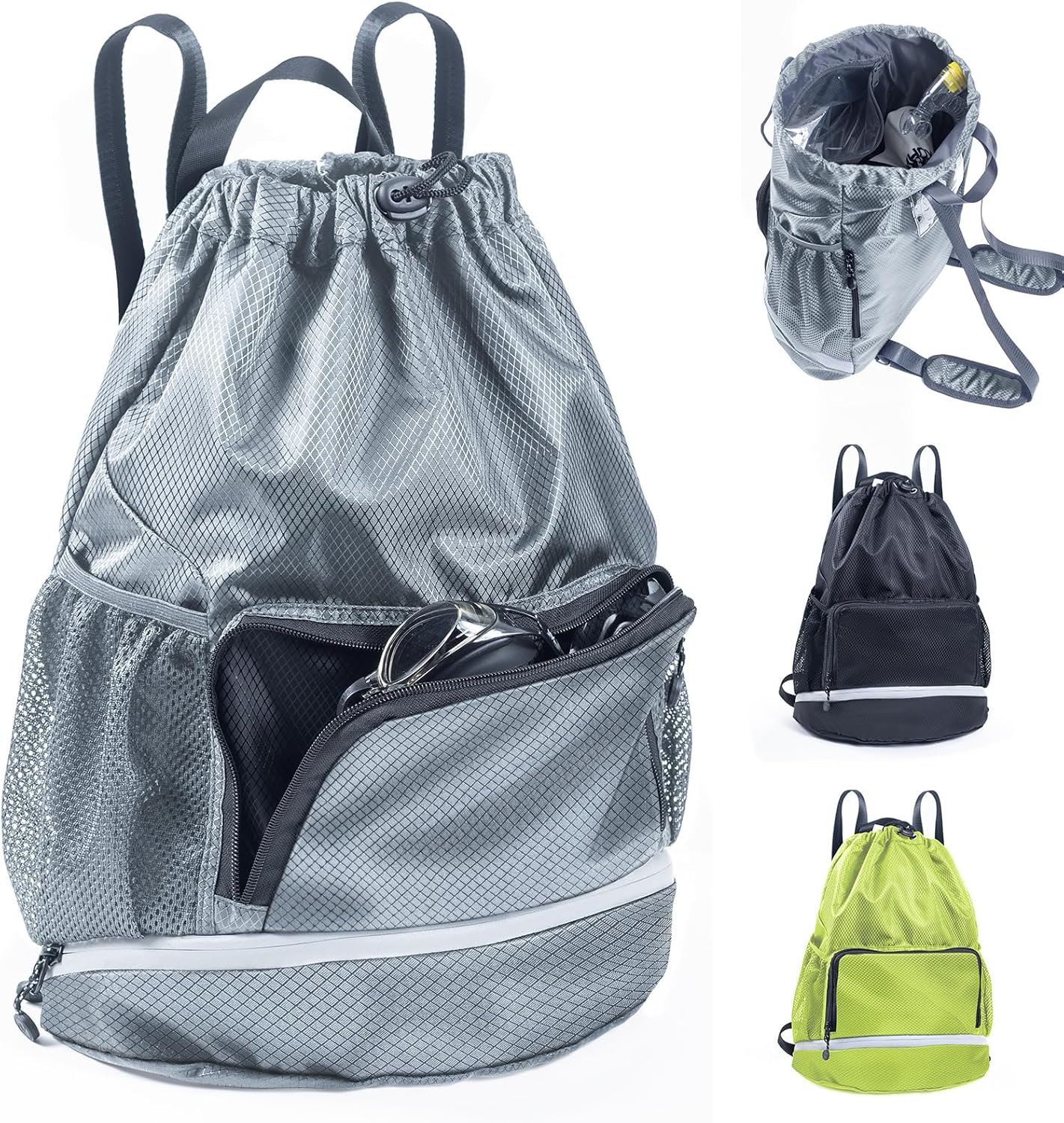 Swim Beach Sports Drawstring Backpack – Gym Bag with Shoes Compartment and Waterproof Pocket for Gym Accessories, Swim Essentials – Kids Mens Beach Workout Bag