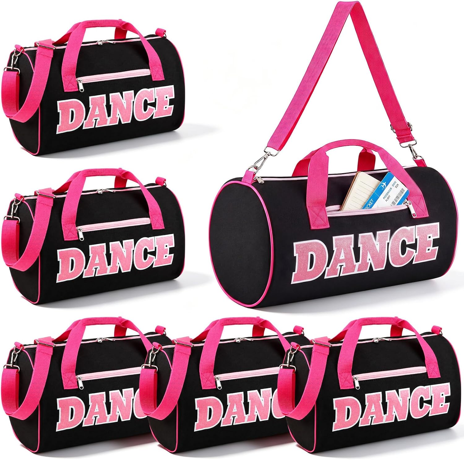 Shinylin 6 Pack Dance Bags Large Capacity Duffle Bags with Plush Chenille “Dance” Letters, Sport Gym Bag for Dancers Athletes Gifts in Ballet Class Sports Overnight Travel, 15″L x 9″W x 9″H