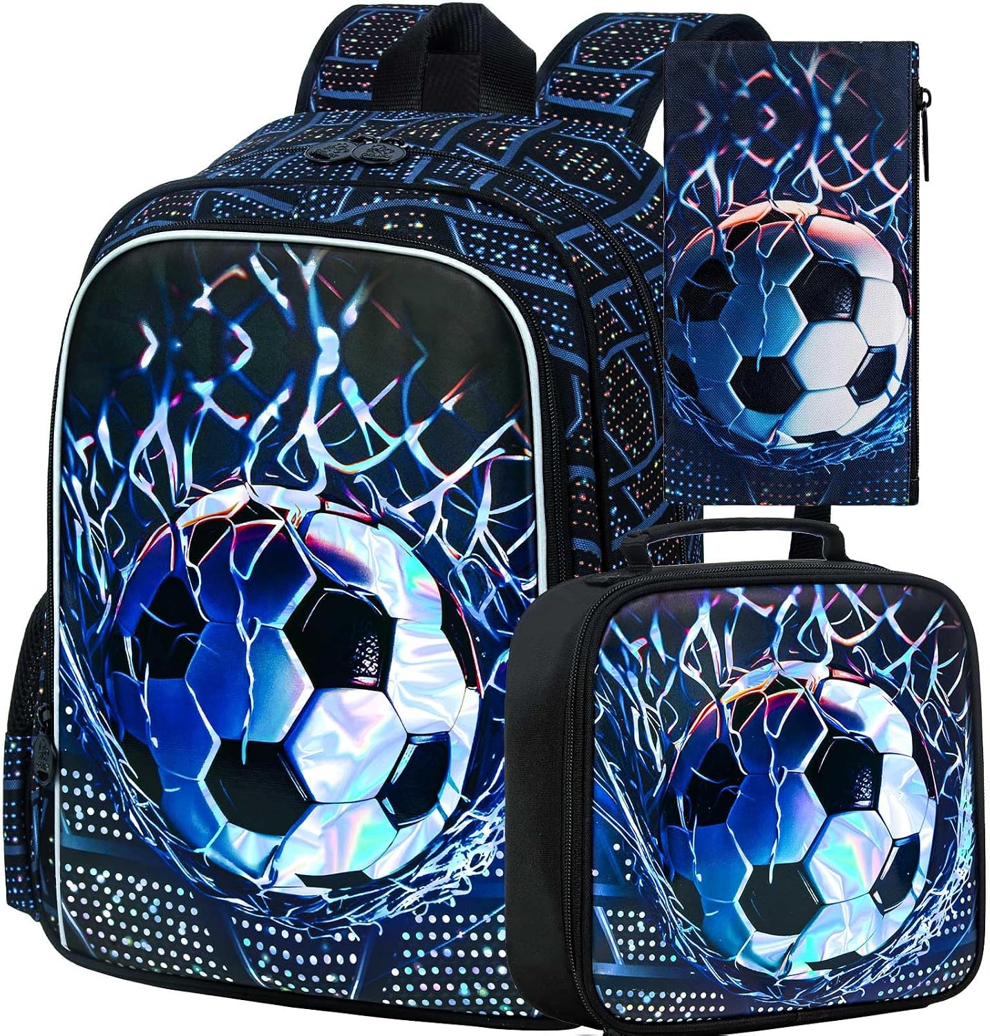 3Pcs Soccer Backpack for Boys, 17″ Kids School Bookbag with Lunch Box, Football Backpacks Set for Elementary Preschool Kindergarten(Black)