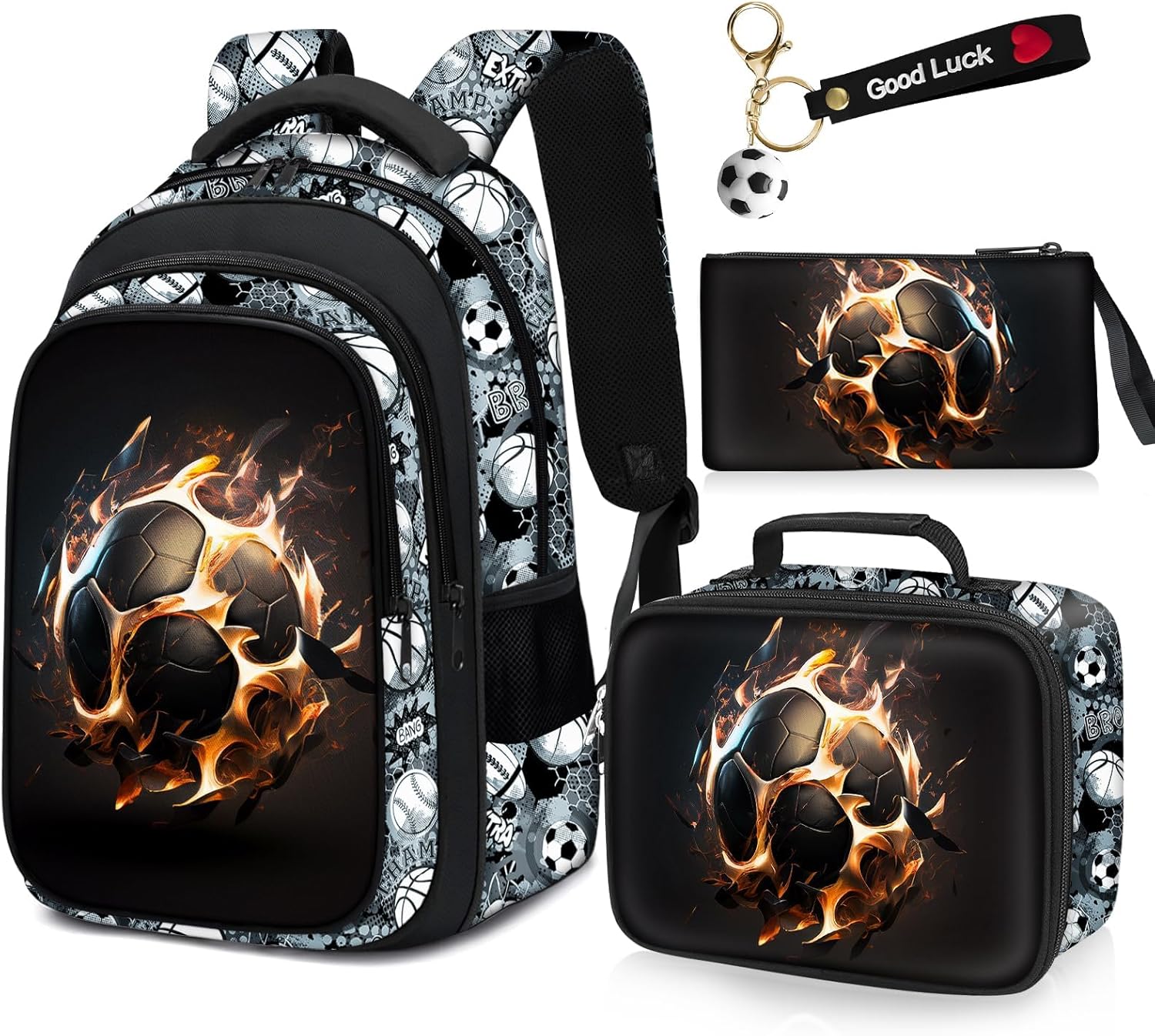 School Backpack for Boys – 4pcs Soccer Boys Backpack with Lunch Box Set for Kids Children Teens Elementary Middle School – 17″ Sport Bookbag Travel Back Pack for Age 6-18