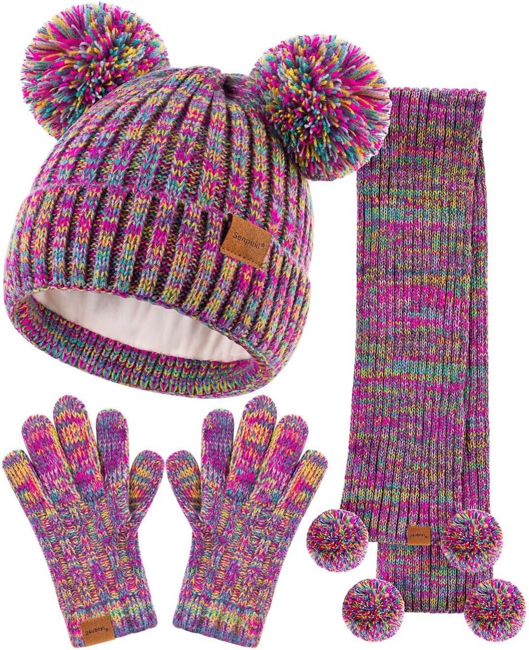Kids Winter Hat Gloves Scarf Set, Girls Toddler Children Beanie with Pom Knit Neck Warmer Gaiter Mittens Fleece Lined Set