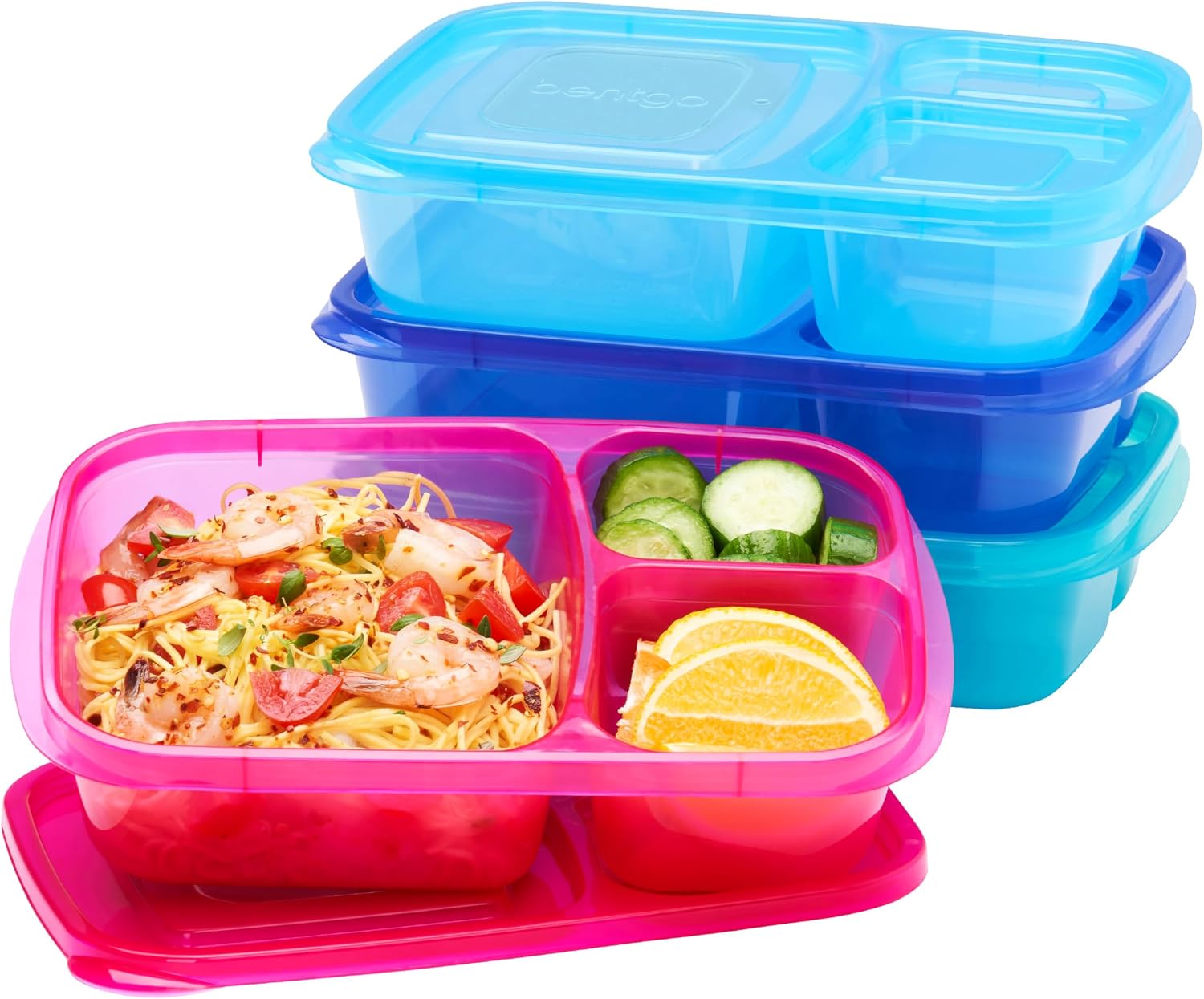 Bentgo Easyboxes – Original Stackable Lunch Boxes – Reusable 3-Compartment Food Containers for Kids and Adults – Bento Lunch Box for Meal Prep, School, & Work – BPA Free, (Jewel Brights (4-Pack))
