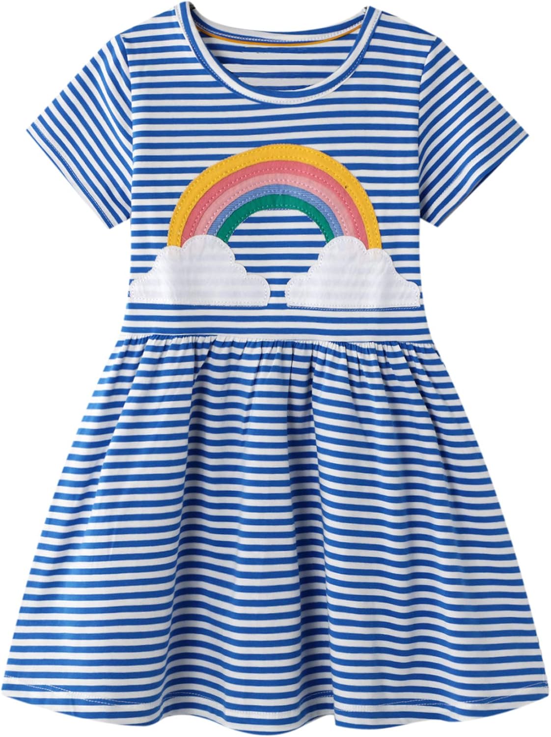 Girls Cotton Long Sleeve Casual Cartoon Appliques Striped Jersey Dresses
