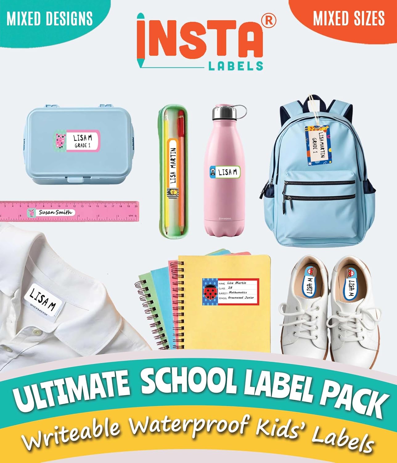 The Ultimate School Label Pack – 218 Waterproof Name Labels for Kids School Stuff, Name Tags for Clothes, Book Stickers & Bag Tags, No Iron Fabric & Iron on Clothing Labels for Kids, InstaLabels