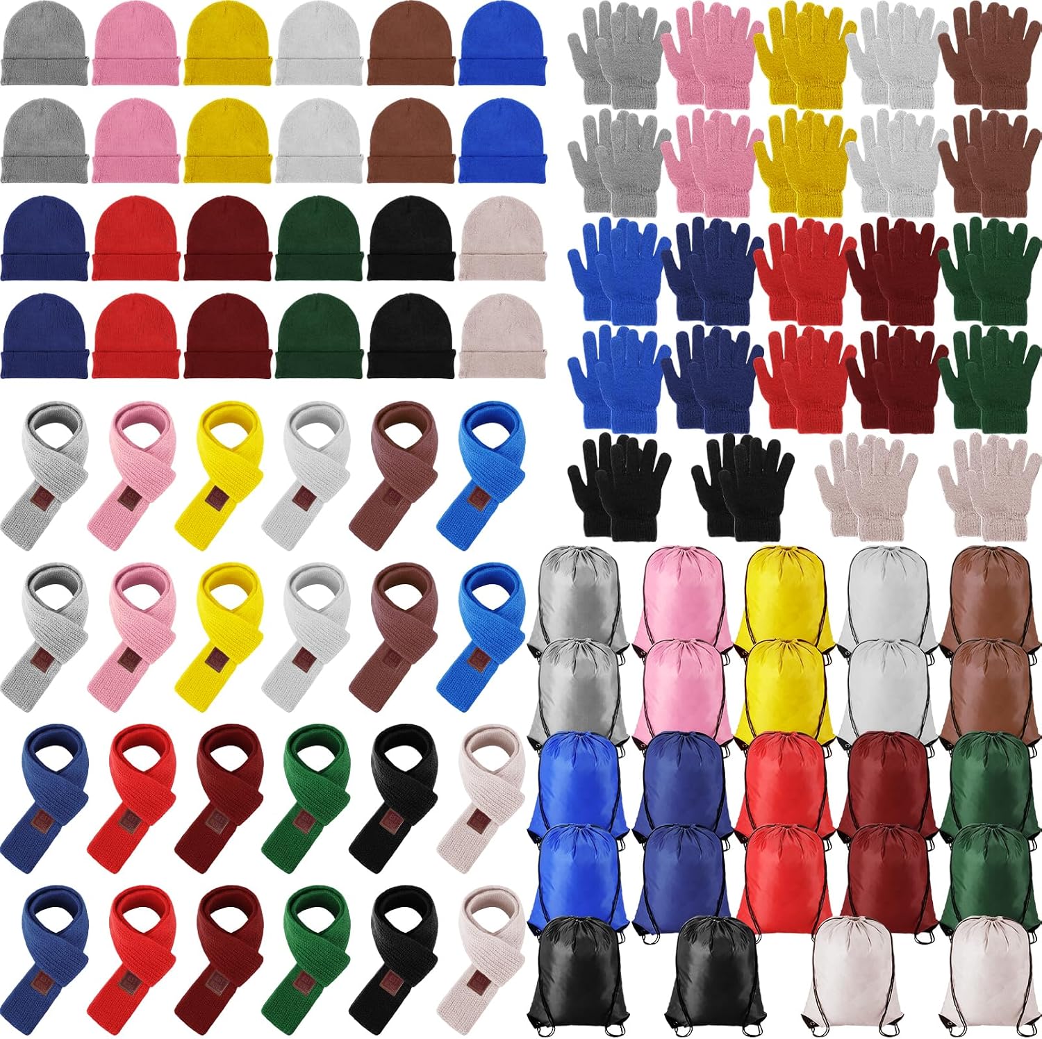 Suhine 96 Pieces Kids Hat Gloves Scarf Drawstring Bags Sets Winter Knitted Beanie Scarves Gloves Bags Bulk Homeless Care Package Supplies for Boys Girls Children Donation Cold Weather Christmas Gift