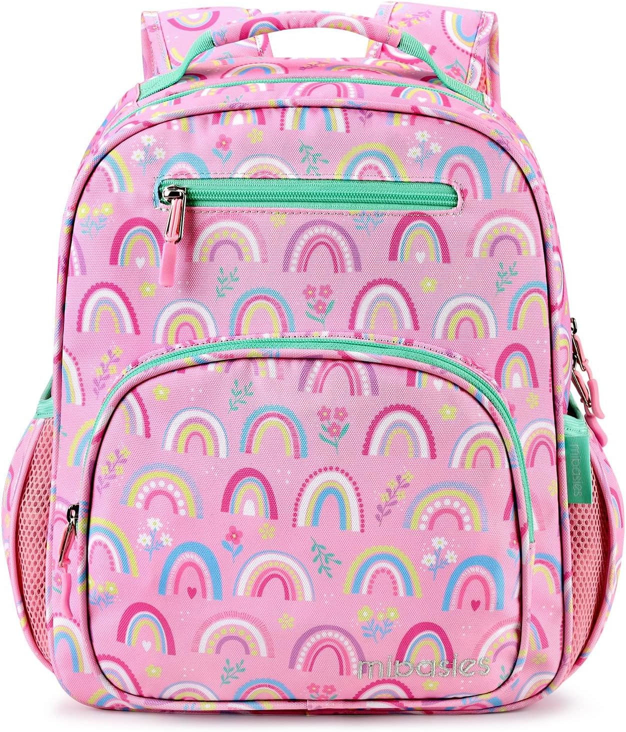 mibasies Girls Backpack 5-8: Lightweight Kids Backpacks for Girls – Girl Bookbag for Elementary School – Rainbow Pink
