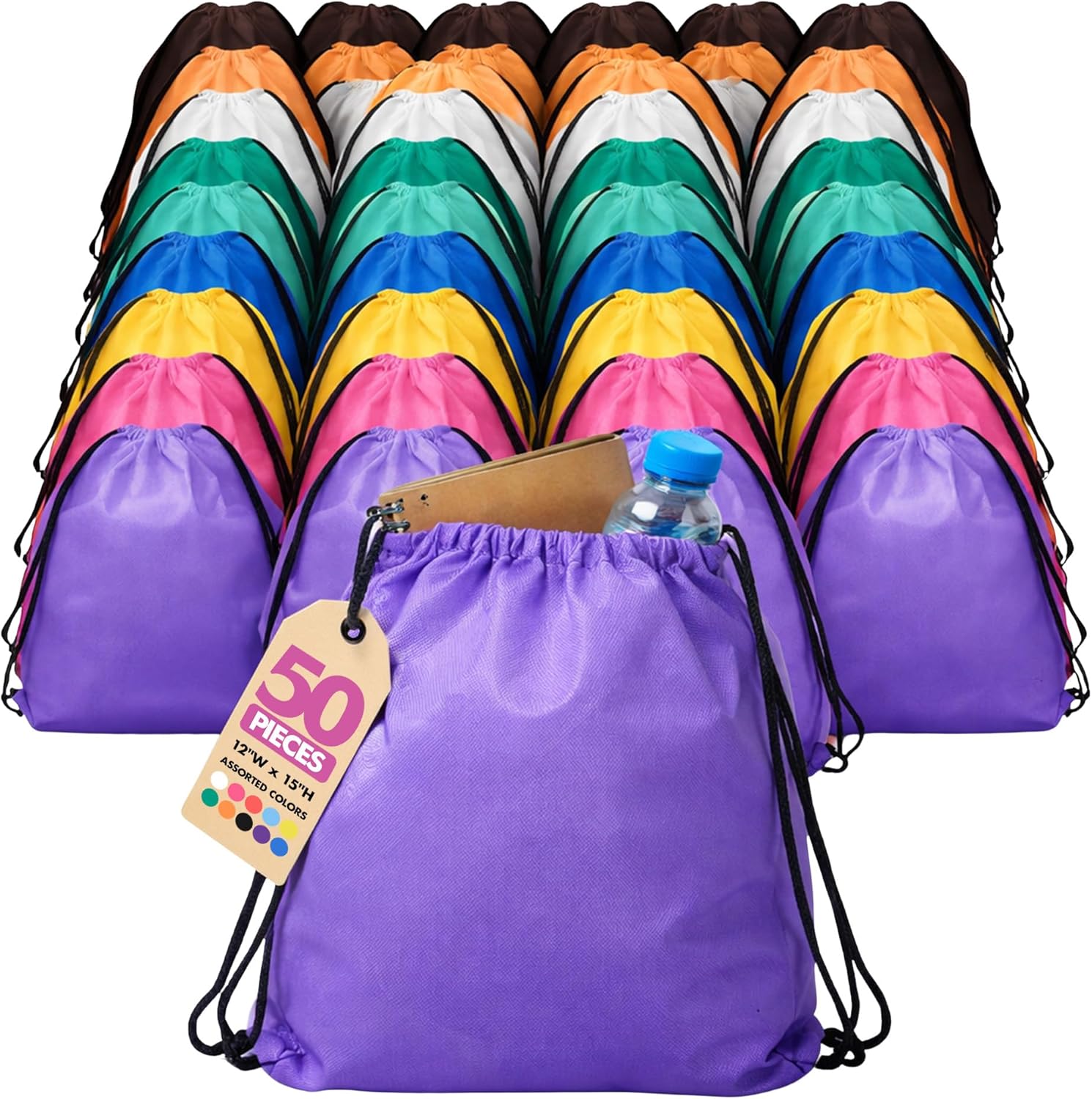 Podzly Bulk Drawstring Backpacks 50 Pack – 12″ x 15″ Washable Polyester Drawstring Bags – Lightweight Cinch Bags for School, Kids, Giveaways, Trade Shows, Events Benefit Walk – Assorted Bright Colors