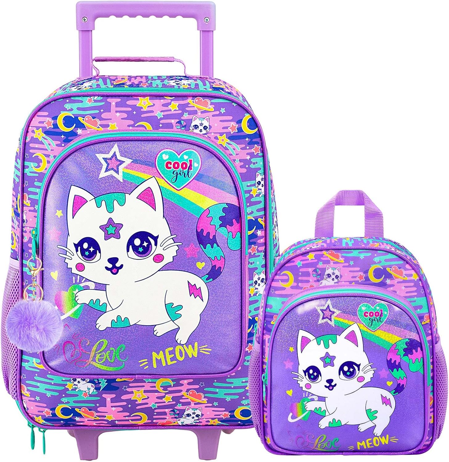 2Pcs Girls Suitcase Set, Kids Carry on Rolling Luggage with Wheels, Cat Travel Suitcases with Toddler Backpack(Pink)
