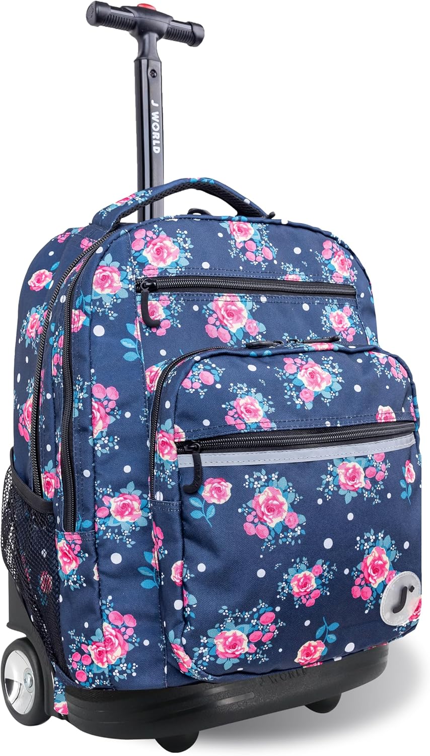 J World Sundance Laptop Rolling Backpack for Girls Boys. Roller Bookbag with Wheels, 20 Inch, Navy Rose