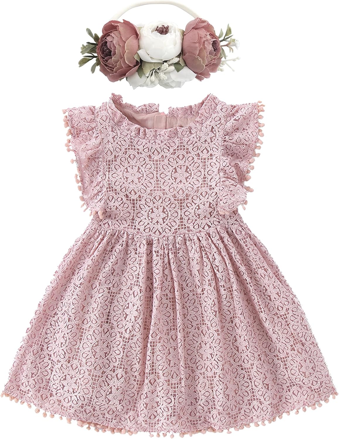 BGFKS Baby Girl Tutu Dress Elegant Lace Pom Pom Flutter Sleeve with Flower Headband Set
