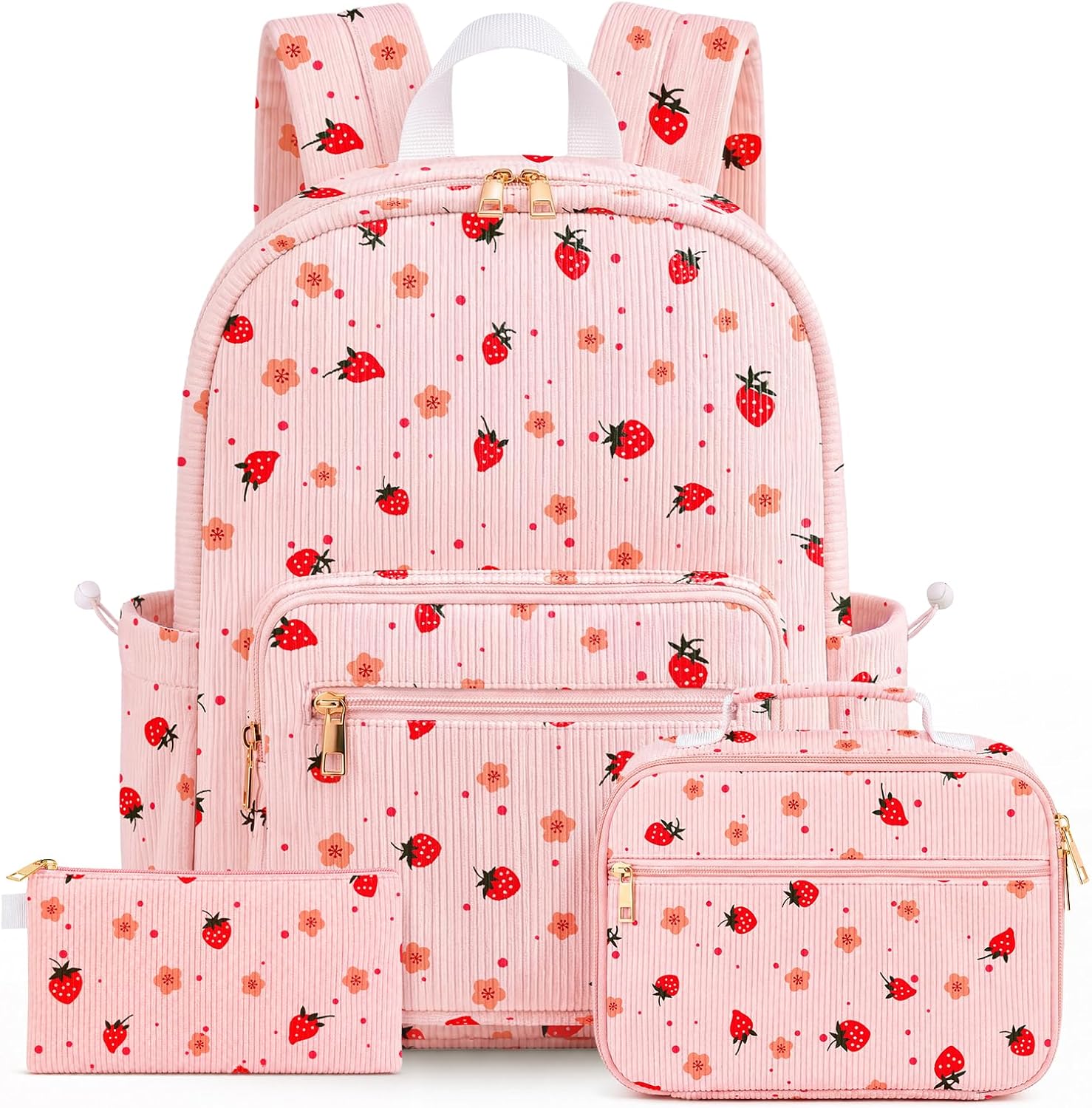 Corduroy Girls Backpack Set，Cute School Backpack for Teens Girls Kids Bookbags for Elementary High School Women Laptop Bags Daypacks Set With Lunch Bag and Pencil Case (Pink Strawberry, 3 Set)
