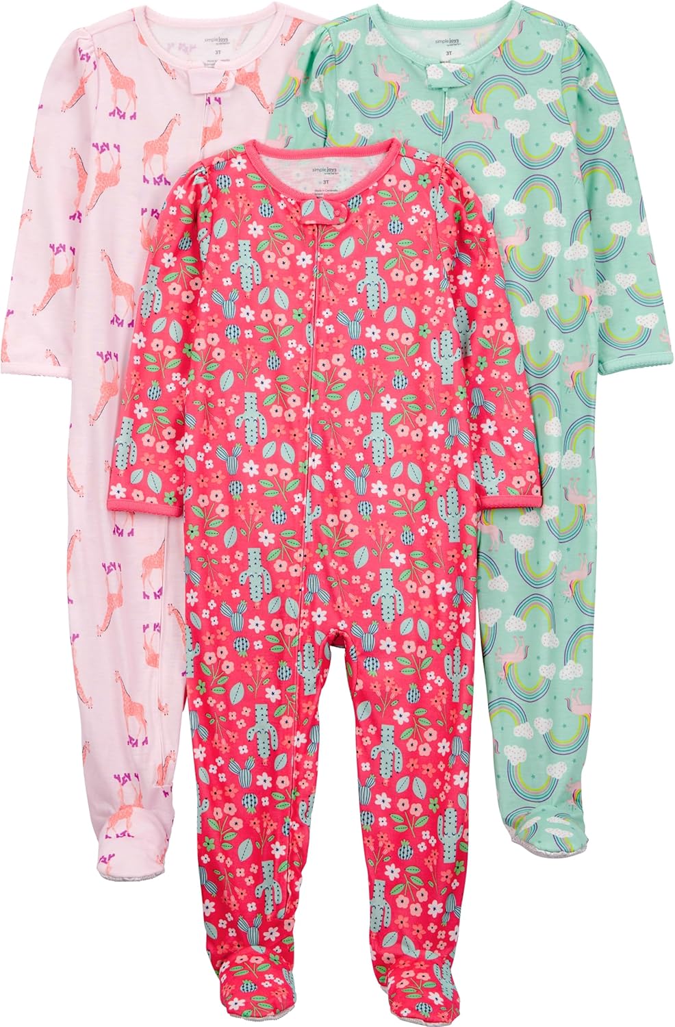 Simple Joys by Carter’s Baby and Toddler Girls’ 3 Pack Loose Fit Polyester Jersey Footed Pajamas
