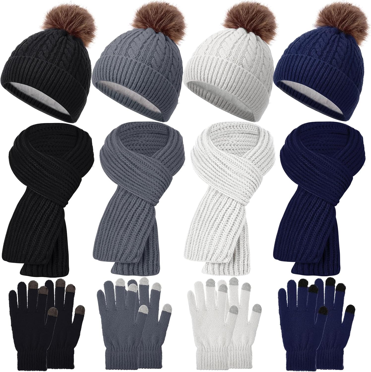 Shyyween 12 Pcs Kids Beanie Hat Scarf Touchscreen Gloves Winter Set Warm Pom Pom Hat Knit Scarves for Girls Boys Cold Weather