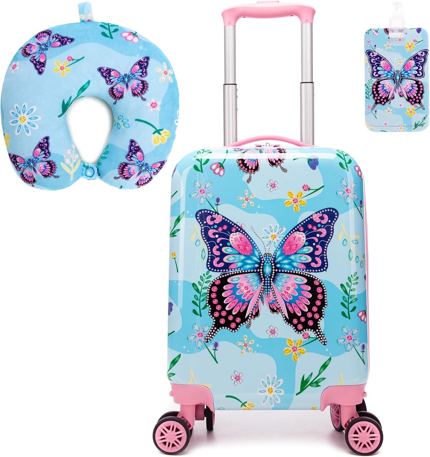 Kids Luggage Sets 2 Piece Rolling Suitcases with Wheels for Girls Hardshell Toddler Suitcase Set with Neck Pillow Airplane 16 Inch Kids’ Carry on Luggage Blue Butterfly