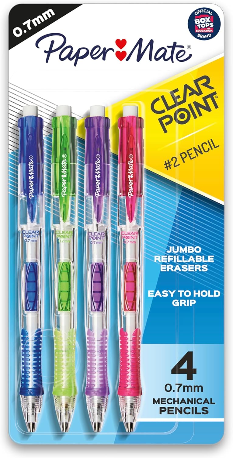 Paper Mate Clearpoint Mechanical Pencils, 0.7mm HB #2 Lead, Assorted Fashion Barrel Colors, 4 Count – Teacher Supplies, College, Note Taking