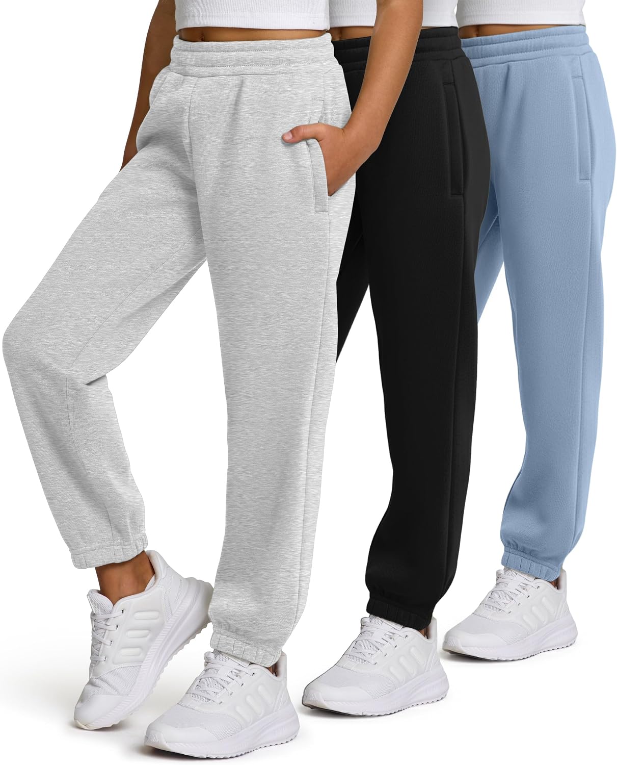 PURE CHAMP Girls Sweatpants 3 Pack Fleece Athletic Joggers, Teen Sweat Pants with Zipper Pockets and Drawstring Size 4-16