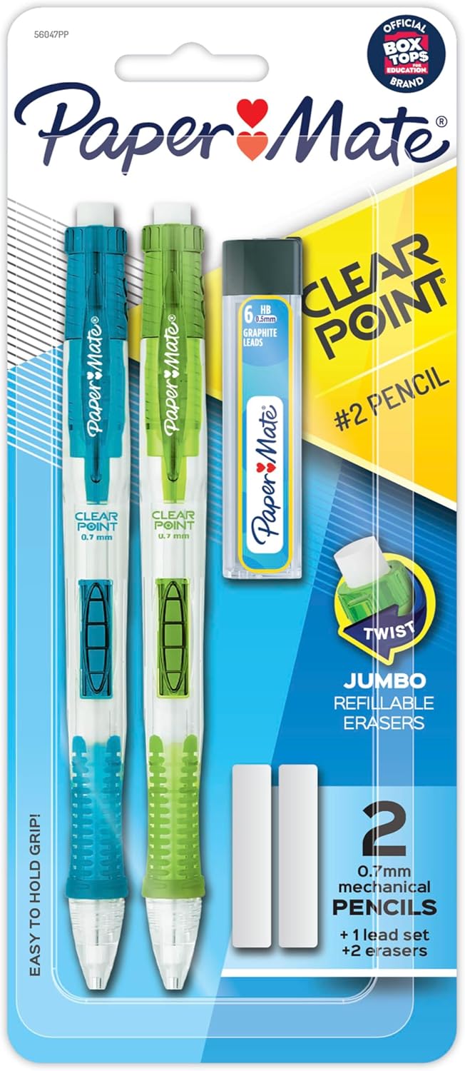 Paper Mate Clearpoint Mechanical Pencils, 0.7mm HB #2 Pencil Lead, Includes 2 Pencils, 1 Lead Refill, 2 Erasers – Back to School, Study Supplies, College, Note-Taking