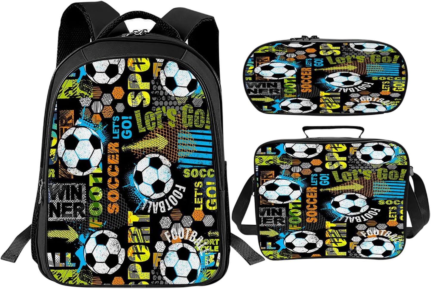 3PCS Soccer Ball Backpack for Boys Girls, Kids Backpack Set with Lunch Box, Backpacks Gifts for Kids Children Teen Toddler Elementary Middle School – Bookbag Travel Back Pack Ages 6-18