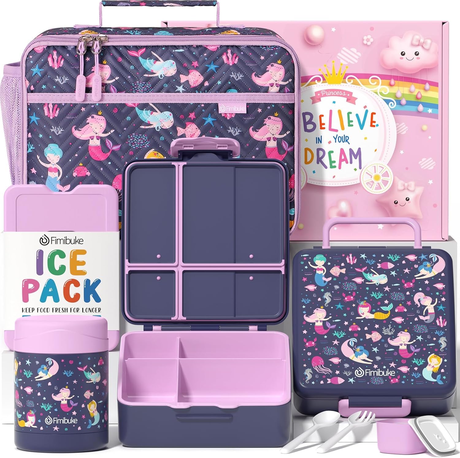 Fimibuke Kids Bento Snack Lunch Box with 4 Compartment, Insulated Lunch Bag, Stainless Steel Vacuum Thermo Food Jar, Ice Pack, Utensils Set, Birthday Gifts for Age 3-12 Back to School Toddler Girl Boy