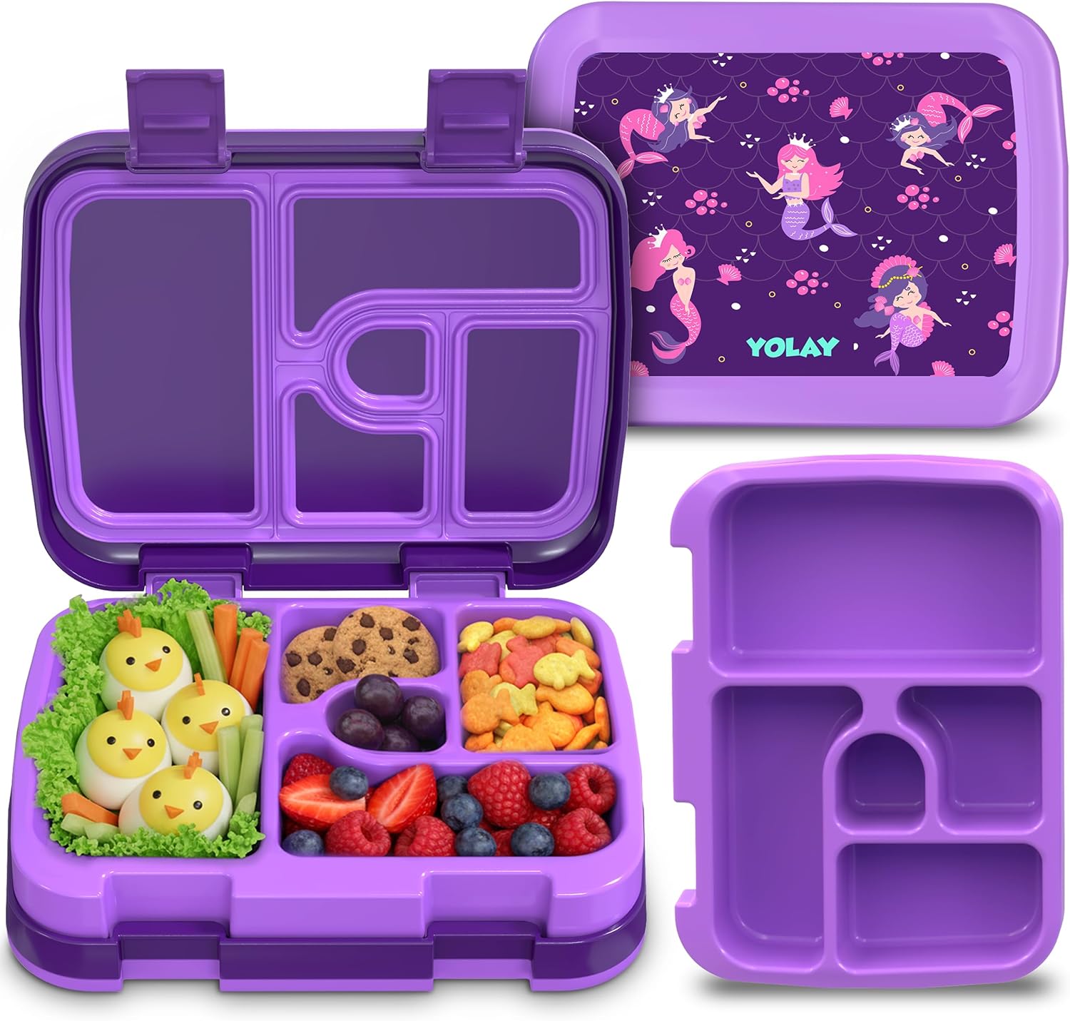 YOLAY Bento Box for Kids Lunch Box Leak-Proof, 5-Compartment Lunch Box Kids for Ages 3-10, Durable with Anti-Slip Base, Suitable for Schools, Outdoor and Travel (Mermaid)