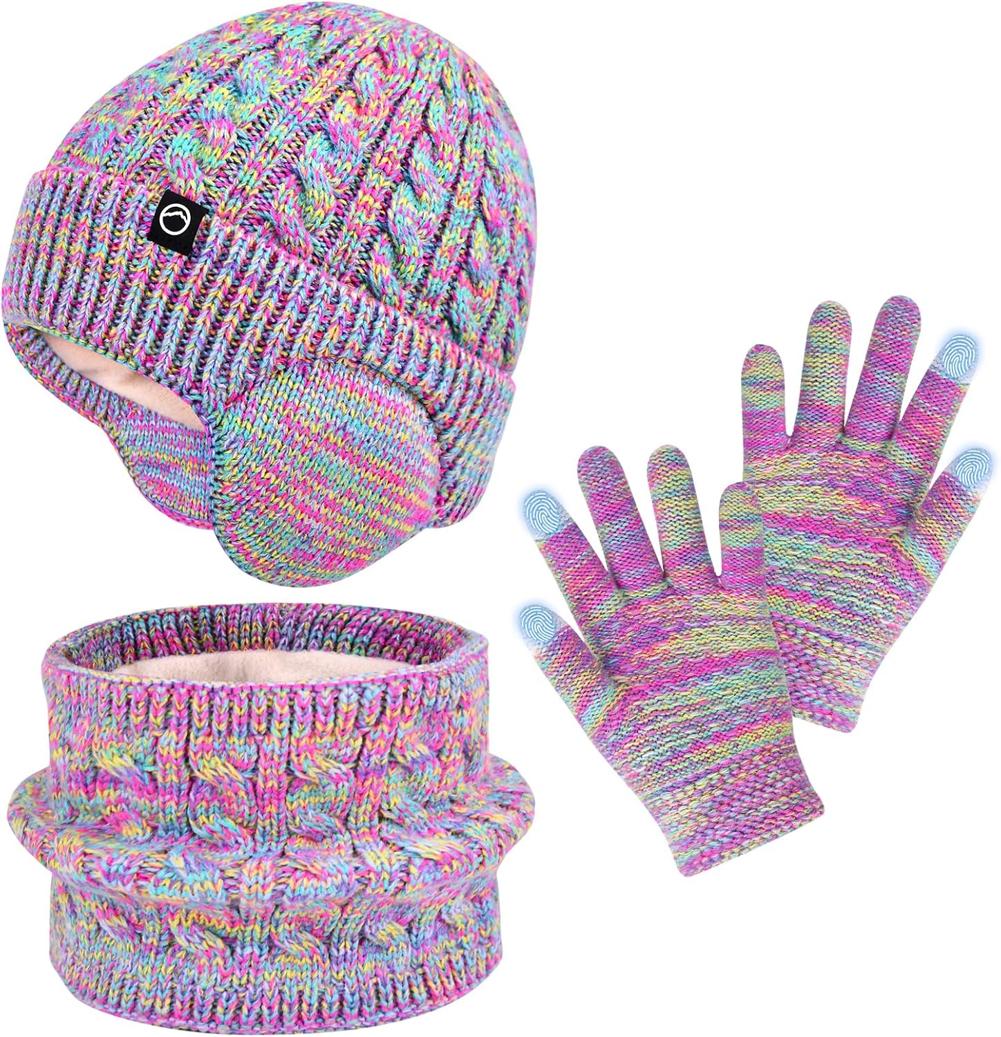 ZOORON Kids Winter Hat Gloves Scarf Set,Girls Boys Toddler Beanie with Earflaps Neck Warmer Gaiter Mittens Fleece Lined Set