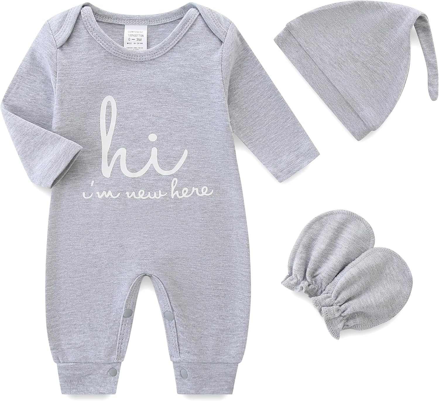 Newborn Baby Romper Cotton Coming Home Outfits Hi Im New Here with Hat Gloves Long Sleeve Solid Onesie
