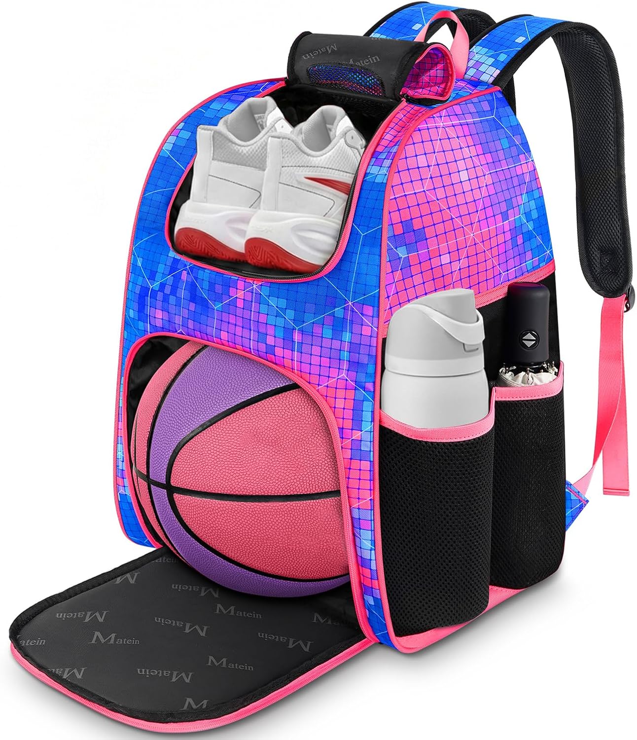 MATEIN Basketball Bag, Sturdy Soccer Bag with Ball Holder & Shoe Compartment, Large Basketball Backpack for Training Equipment, Water Resistant Sports Ball Backpack Fits Volleyball Football, Colorful
