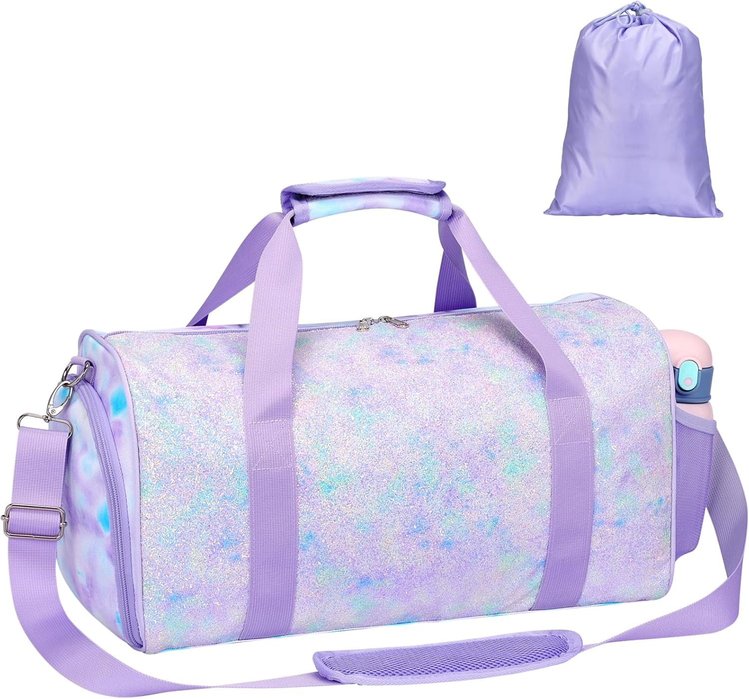 Bagseri Duffel Bags for Kids – Girls Dance Ballet Bag Waterproof Sports Gymnastics Bag for Girls Kids Sleepover Duffel Bag with Shoe Compartment and Dry Wet Separation Pockets (Tie-dye, Purple)