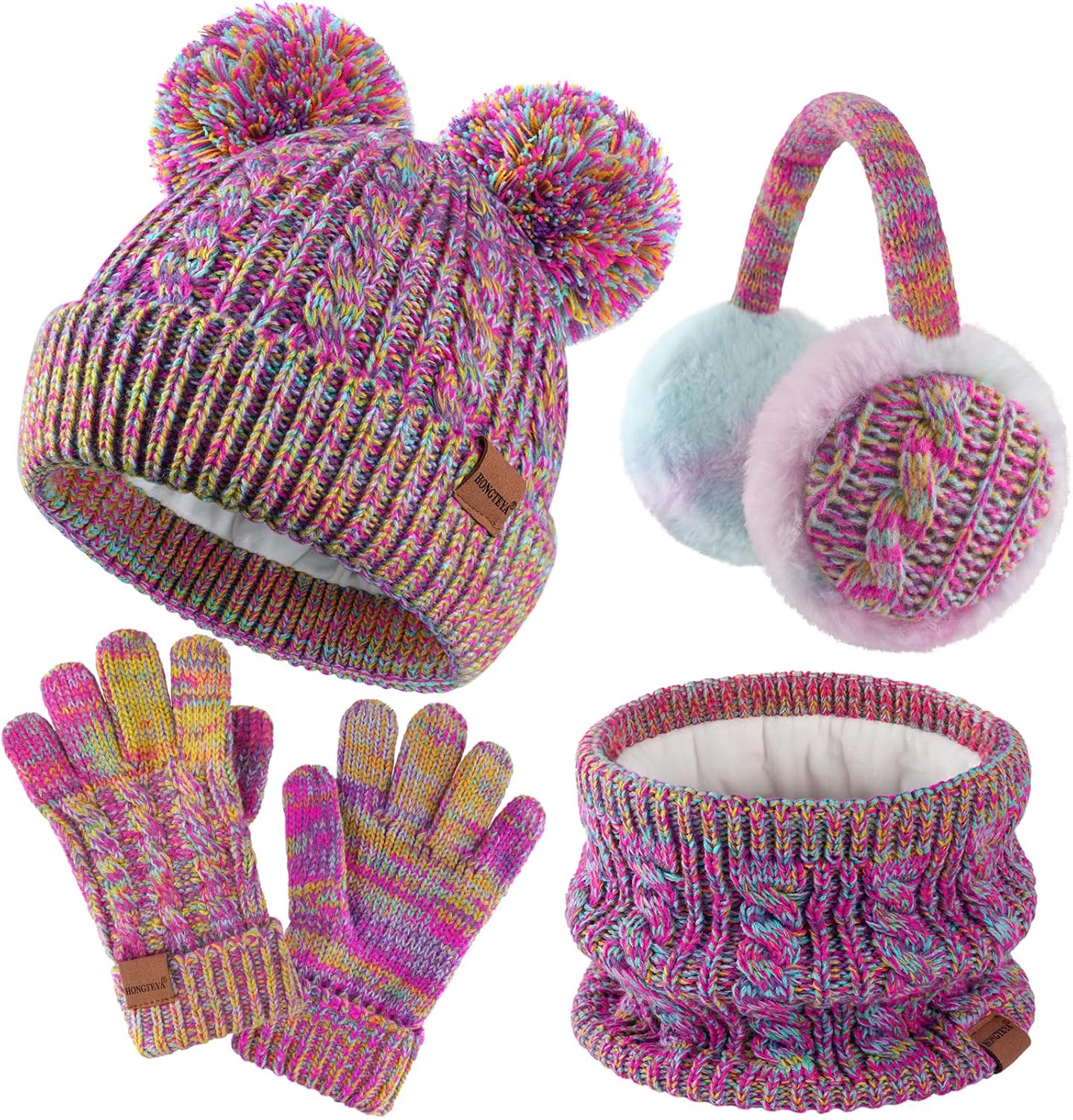 HONGTEYA Kids Winter Hat Gloves Scarf Set, Unisex Baby Kids Velvet Lined Neck Warmer With Earmuff for Boys Girls 3-15