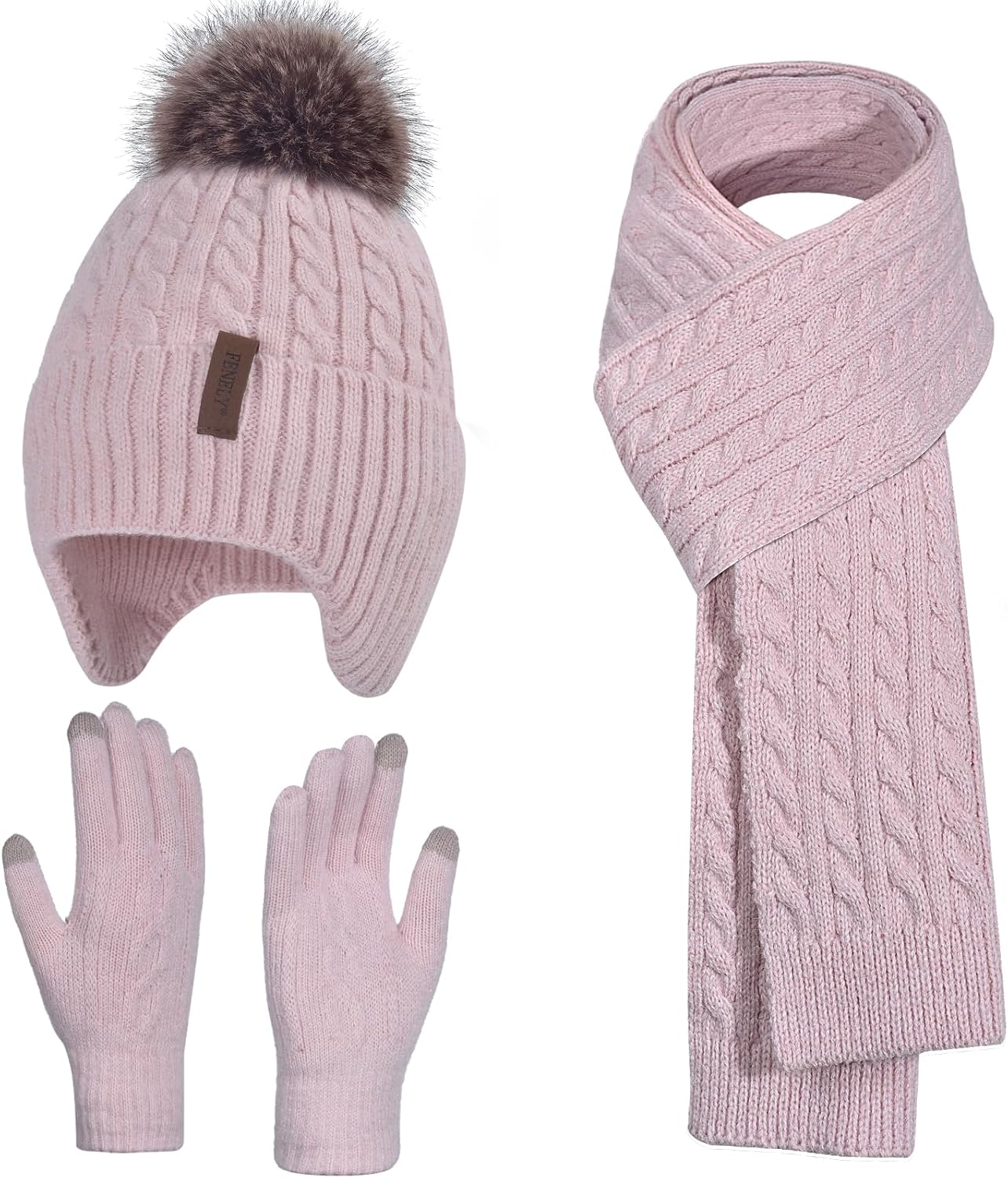 Winter Hat Gloves Scarf Set for Kids Earflap Beanie with Cute Pom Knit Girls Children Baby Toddler Pink Warm Wool Fleece Lining 6 7 8 9 10 Years Old
