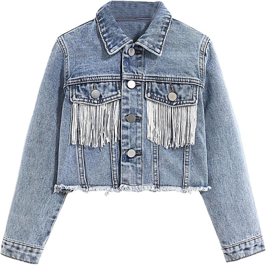 MakeMeChic Girl’s Fringe Cute Denim Cropped Jackets Long Sleeve Raw Trim Button Down Jean Western Y2K Jacket
