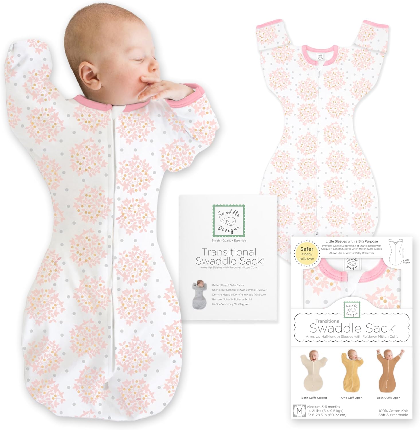 SwaddleDesigns Swaddle Sack with Arms Up Half-Length Sleeves and Mitten Cuffs,