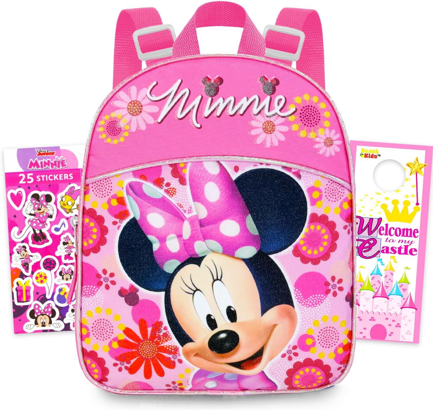 Minnie Mouse Mini Backpack for Girls Kids Toddlers – 11″ Iconic Woven Small Backpack Bundle with Button | Preschool Daycare Kindergarten