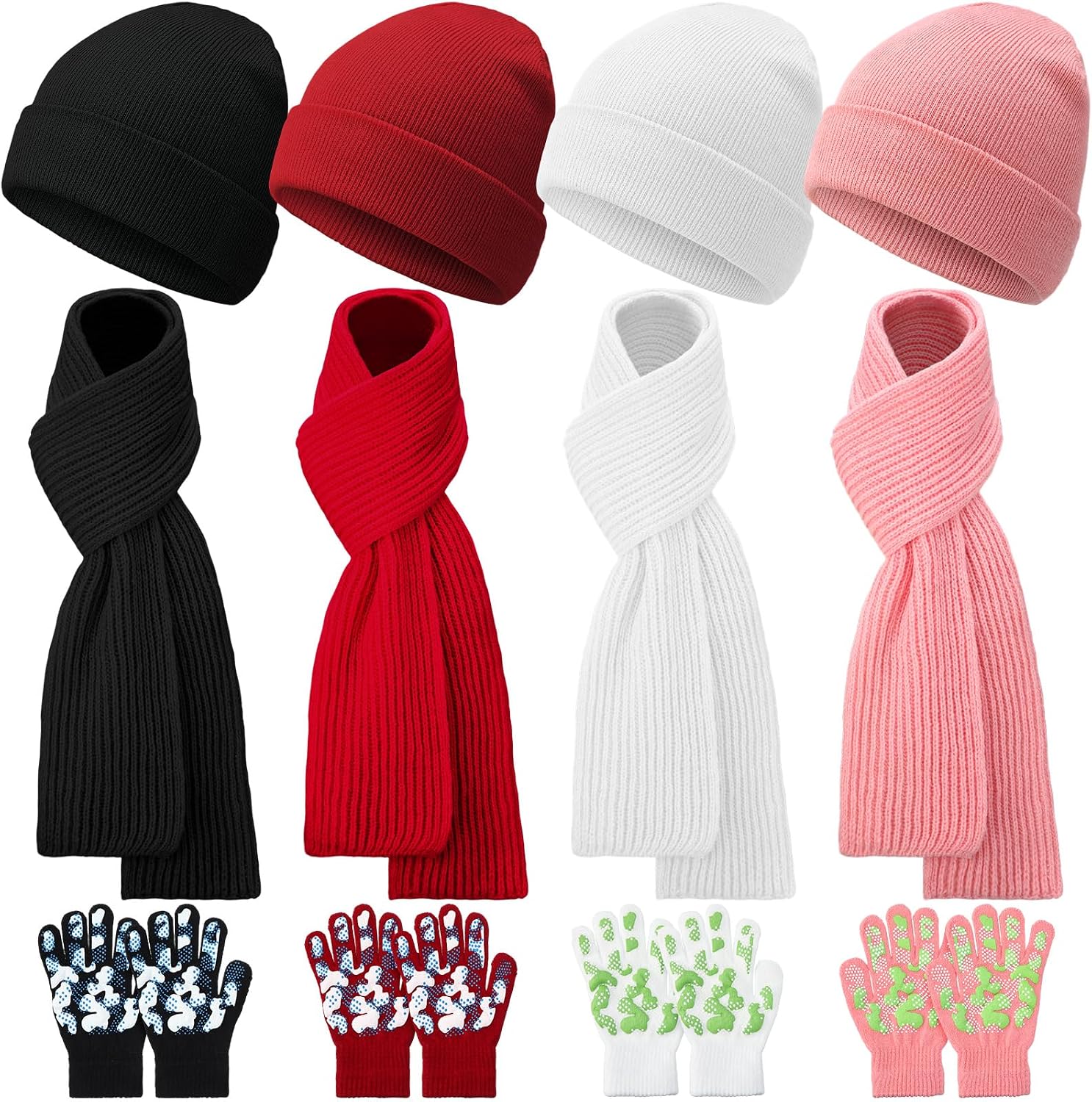 Suhine 12 Pcs Kids Beanies Scarves Gloves Winter Set Gloves Knitted Scarves Wrap Winter Beanie Hat for Boys Girls 5-12