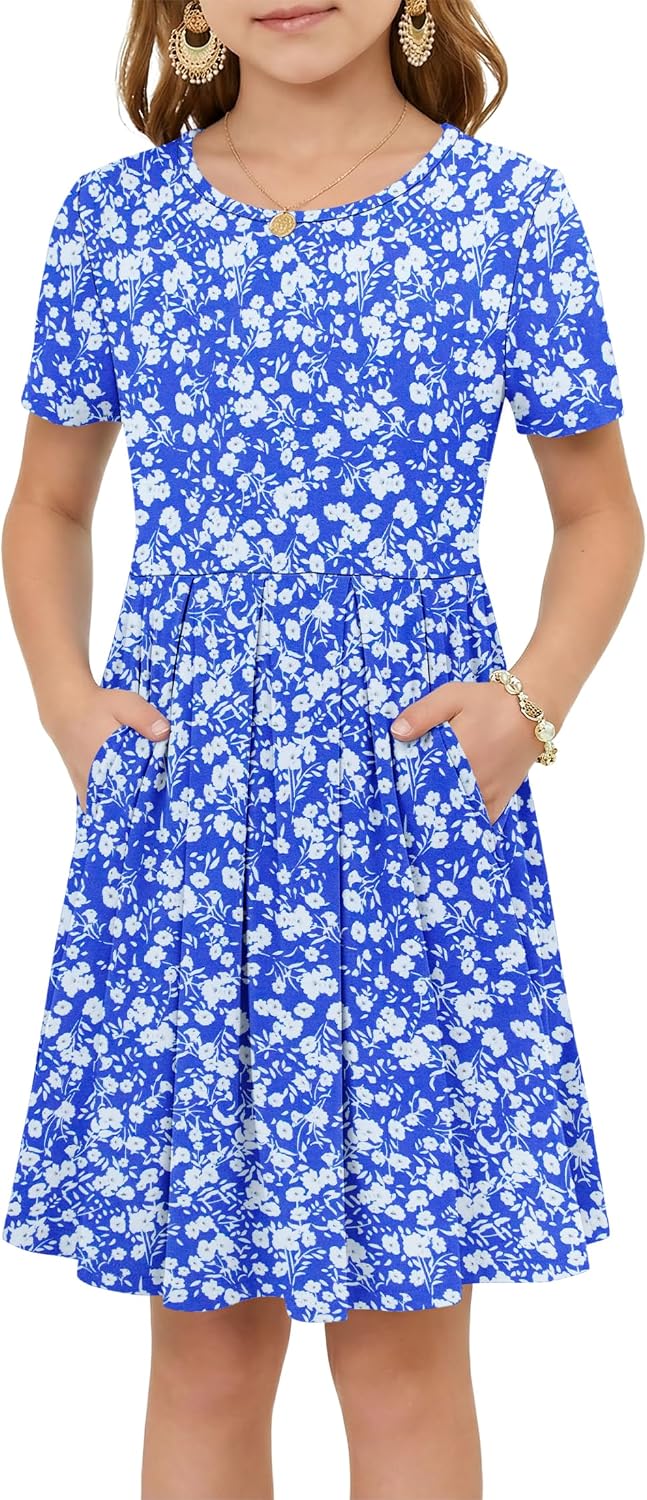 Girls Summer Short Sleeve Dress Kids Casual Crew Neck Pleated Loose A Line Swing Knee Length Cute Dress with Pockets
